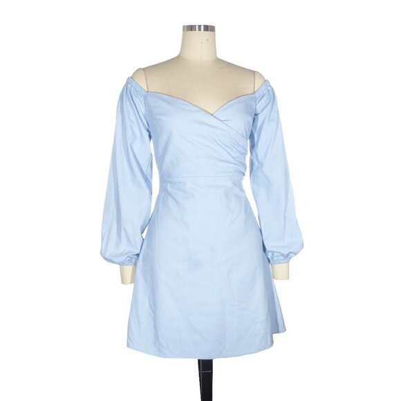Lulus Pure Serenity Off-the-Shoulder Mini Dress Blue Sz Small Balloon Sleeves - Picture 4 of 13